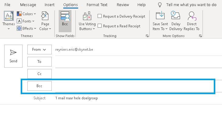 Gebruik van Bcc in Outlook om de privacy van je doelgroep te respecteren en toch maar 1 mail te hoeven versturen.